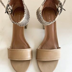 TAHARI nude leather ankle wrap Adam sandals